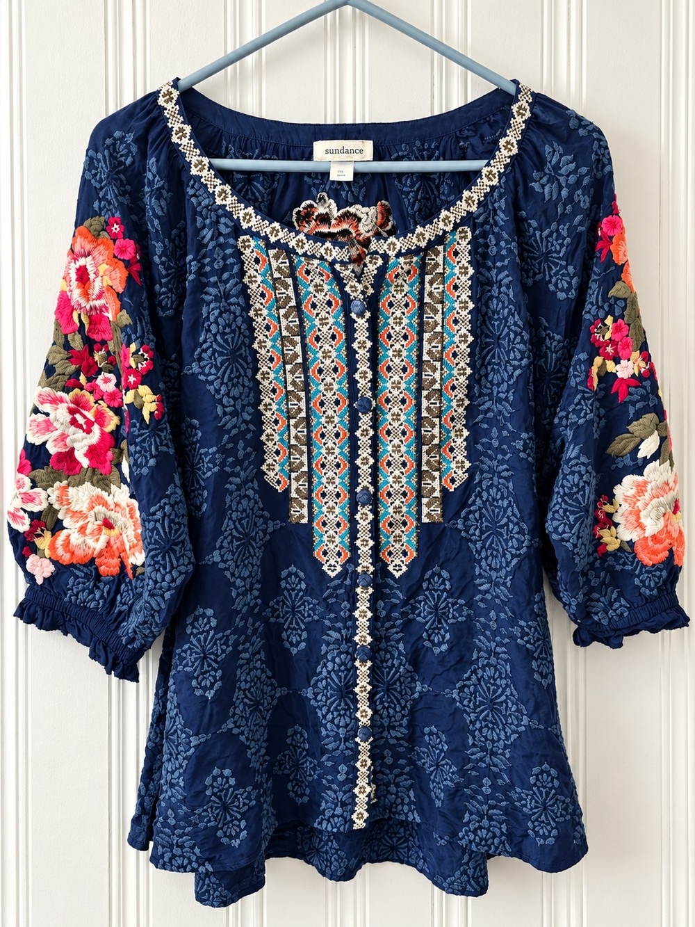 Sundance Navy Blouse with Orange, Cream & Pink Floral Embroidery